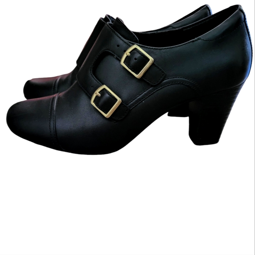 Clarks Bendables Womens 8M Black Leather Double Monk Strap Buckle Ankle Booties